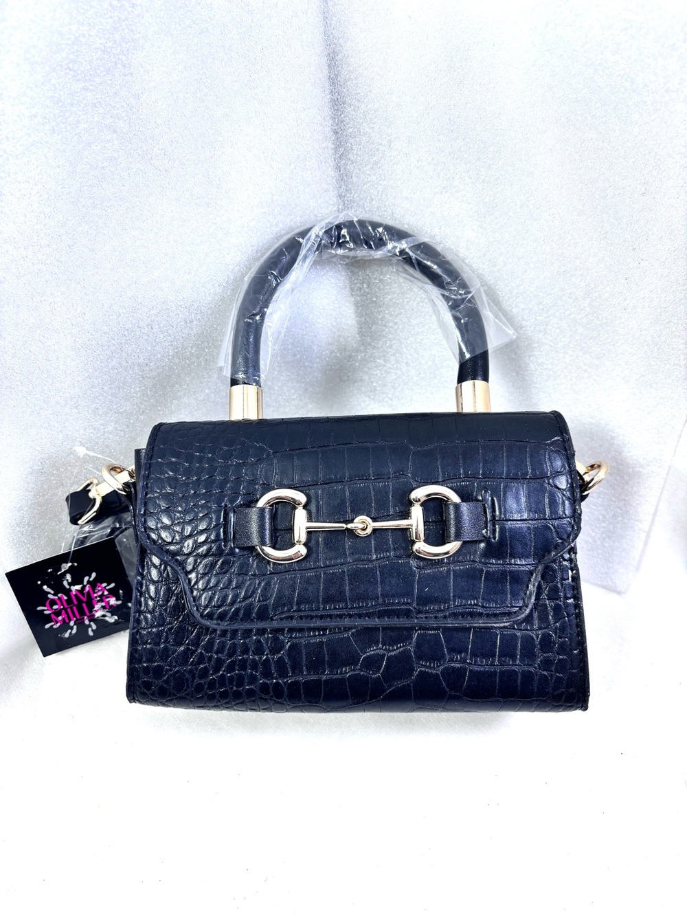 Olivia Miller Croc Embossed Top Handle C/B. Black Croc/Gold.